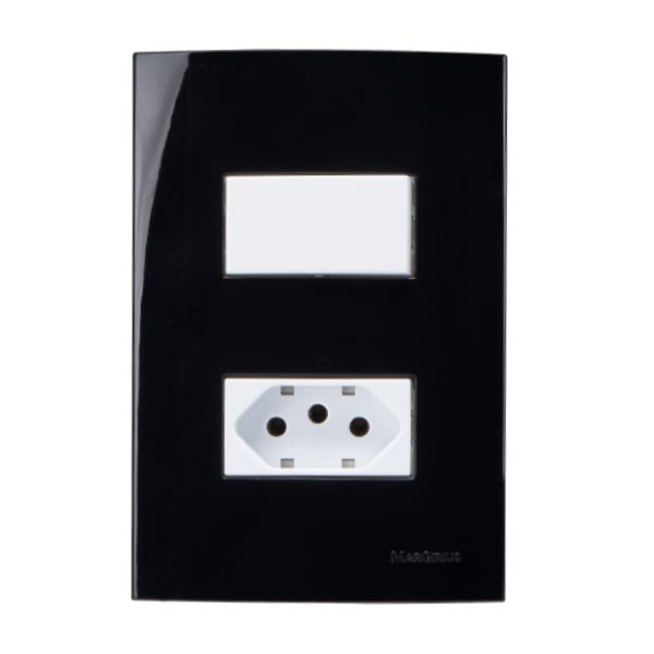Linha Sleek - Conjuntos 4×2” – 1 interruptor simples 10A 250V~ + 1 tomada 2P+T 10A 250V~- Branco/Ebony