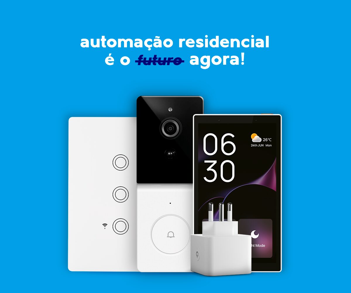Produtos de automação residencial MarGirius, incluindo interruptor touch, campainha smart, tomada inteligente e smartphone, com a frase ‘automação residencial é agora’ sobre fundo azul.